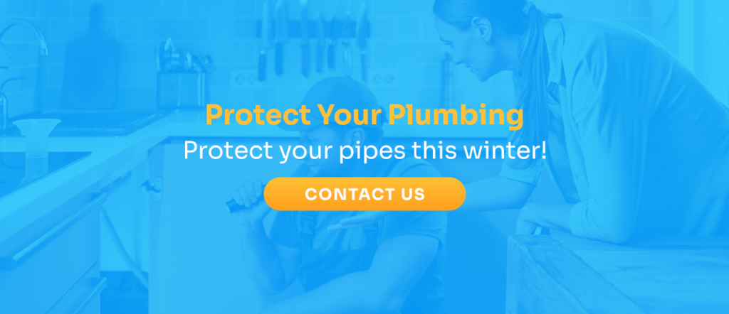 plumber looking at pipes with contact us button