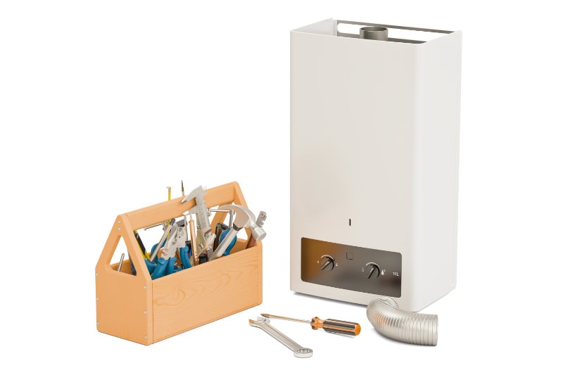 Service and repair of gas tankless water heater concept.